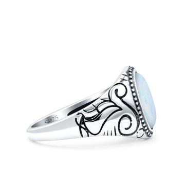 Filigree Vintage Style Lab Opal Ring Solid Oval Oxidized Lab Created White Opal 925 Sterling Silver
